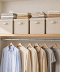 Hardcore Cotton Linen Storage Bins With Lids Decorative Closet Containers on shelf, organizing clothes in beige fabric boxes.