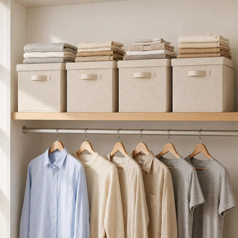 Hardcore Cotton Linen Storage Bins With Lids Decorative Closet Containers on shelf, organizing clothes in beige fabric boxes.