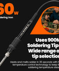 60W soldering iron from 2-In-1 Hot Air Soldering Station Kit with PCB rework focus and tip selection details.