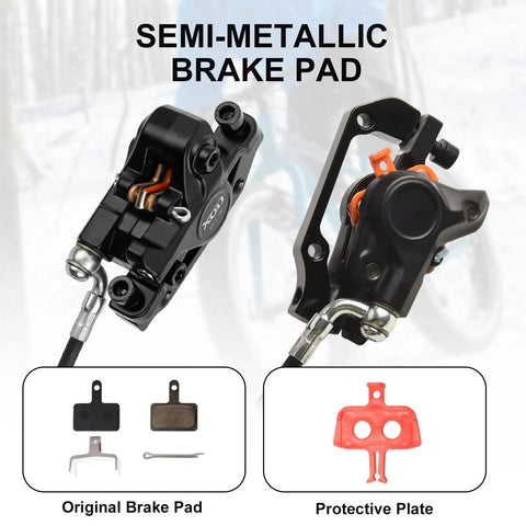 Hydraulic Disc Brake Set For E-Bikes With Left And Right Front And Rear Braking Aluminum Frame Front Rotors 140 And 160mm And Rear Rotors 160 And 180mm Includes Shifter close-up of semi-metallic brake pad and protective plate