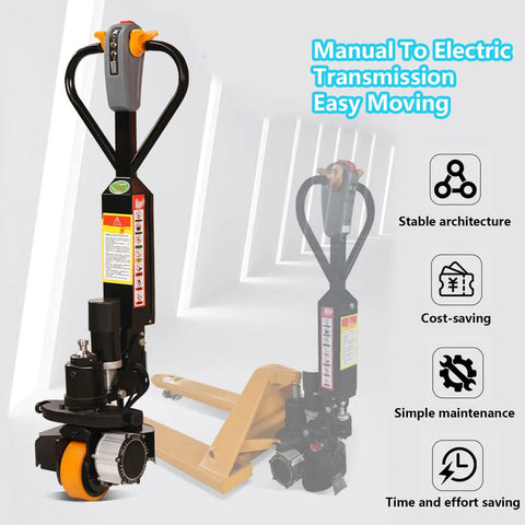 Aizyr Electric Pallet Jack Conversion Kit 48V 1000W Motor showing hydraulic lift and control handle for manual to electric transformation.