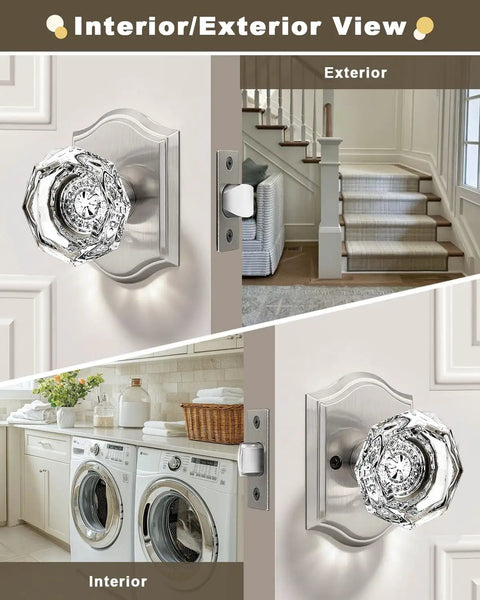 Clear Octagon Crystal Glass Door Knob Kit With Keyless Passage Handle for Hallway, Satin Nickel Arched Rosette, Interior Exterior View