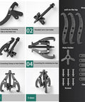 Badass Heavy Duty Two Or Three Jaw Reversible Gear Puller assembly instructions with clamping tabs, threaded rod, and clamps.