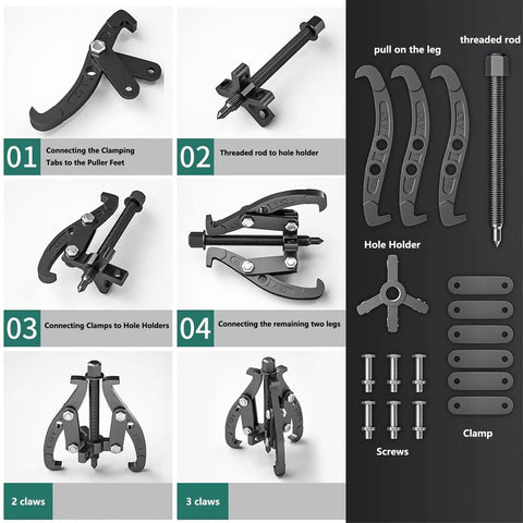 Badass Heavy Duty Two Or Three Jaw Reversible Gear Puller assembly instructions with clamping tabs, threaded rod, and clamps.