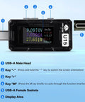 USB C Power Meter Tester With Color Screen And Real Time Voltage Current Readouts 4 To 25V 5A showing interface keys
