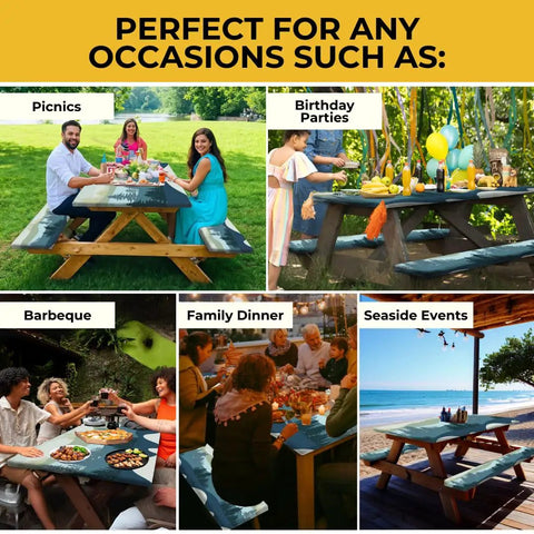 Six Foot Polyester Picnic Table Cover Set With Bench Covers Windproof Waterproof For Camping RV Trips Includes Carrying Bag Measures 72 By 30 Inches Four Pieces Blue in various outdoor settings.