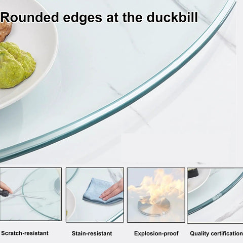 Glass Lazy Susan for Dining Table close-up with focus on rounded edges and features like scratch and stain resistance.