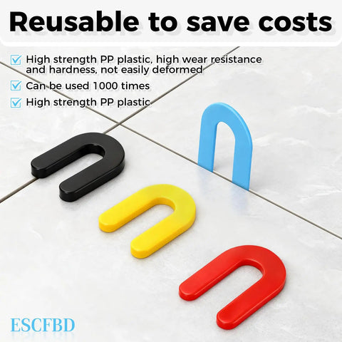 Ultra Handy Plastic Shims Kit For Leveling Tiles And Surfaces, color-coded U shims in black, yellow, blue, and red on tiles.