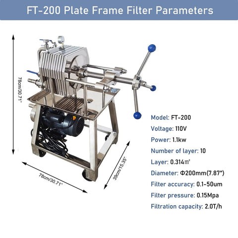 Heavy Duty Plate And Frame Filter Press Machine For Clarifying Peanut Soybean Oil, Stainless Steel 10 Layer Disc Setup with specifications.
