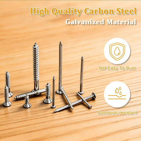 Picture Hanging Nails And Wood Screws Kit with 205 finishing nails and 145 flat head screws on wooden surface