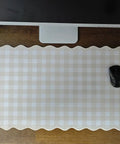 Scalloped Beige Checkered Gingham Desk Pad Large Mouse Pad For Keyboard And Computer, Cozy Cottagecore Vibe Vintage Rustic Aesthetic Office Mat, 31 By 15.7 Inches on wooden desk