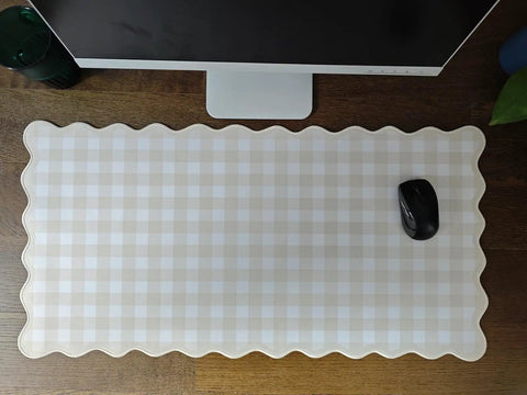 Scalloped Beige Checkered Gingham Desk Pad Large Mouse Pad For Keyboard And Computer, Cozy Cottagecore Vibe Vintage Rustic Aesthetic Office Mat, 31 By 15.7 Inches on wooden desk