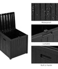 51 Gallon Patio Deck Box With Soft Close Lid, Weather Resistant Outdoor Storage Container showing open lid, waterproof surface, and handles