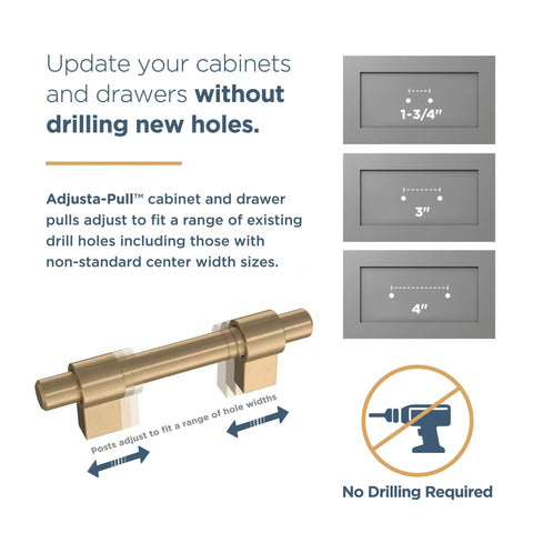 Adjustable Drawer Pulls 5 Pack In Champagne Bronze With Fluted Edge For Kitchen Cabinets And Furniture Fits 1 3 8 To 6 5 16 Inch Hole Centers Modern Cabinet Handles Durable Metal Construction With Fade And Scratch Resistant Finish shown with easy adjustment diagram.