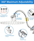 16 Inch Stainless Steel Shower Arm Extension With 360 Degree Rotation At Both Ends, Adjustable Height, Chrome Finish Diagram