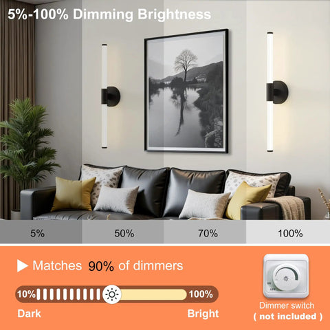 Dimmable LED Vanity Light Bar in living room setting, black metal, 360° full illumination, hardwired, 24 inch, over mirror