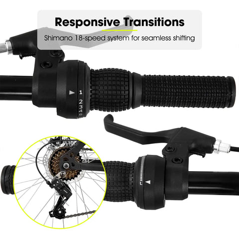 18-speed drivetrain and gear shifters on 26 Inch Mountain Bike For Adults, Women And Men, high carbon steel frame, black yellow