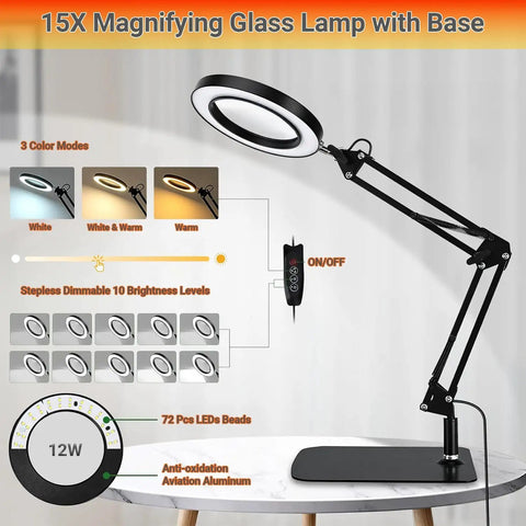 Real Glass Magnifier With Light And 15X Magnification, Pro Grade 72 LED Illumination, 3 Color Modes, adjustable swing arm and base