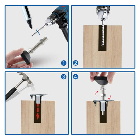 Heavy Duty Adjustable Furniture Leveling Feet With Nylon Support Legs And Rubber Anti Slip Pads, Height Adjustable Up To 100mm For Tables And Chairs, Easy Install Stabilizers For Uneven Floors showing drill installation in wood
