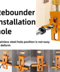 No Sweat Cabinet Door Installation Clamp With Adjustable Positioner and Lightweight Aluminum Hinge Drill Jig shown in use with a drill bit.