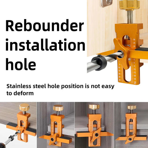 No Sweat Cabinet Door Installation Clamp With Adjustable Positioner and Lightweight Aluminum Hinge Drill Jig shown in use with a drill bit.