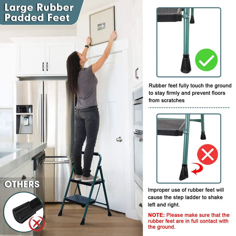 Person using Five Foot Folding Step Ladder with Wide Anti Slip Pedals, Heavy Duty Steel Build, in kitchen, green, with stabilizers and padded feet.