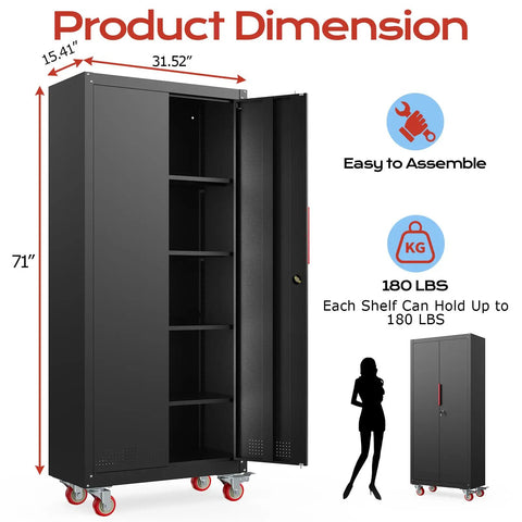 71 Inch Tall Lockable Garage Storage Cabinet On Wheels With Four Adjustable Shelves Beefy Heavy Duty Steel Construction For Home Shop Or Warehouse Scratch Resistant Powder Coated Finish Easy Roll Casters Locking Latch, open view