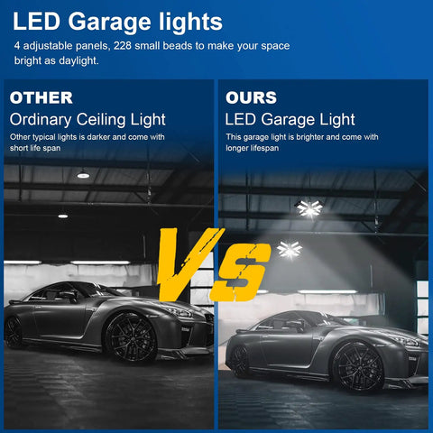 Comparison of ordinary ceiling light and LED garage light with car, highlighting brightness and lifespan differences