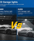 Comparison of Plug-In Garage LED Lights 2 Pack, 180W 18000 Lumens 6500K Daylight with ordinary ceiling light above cars