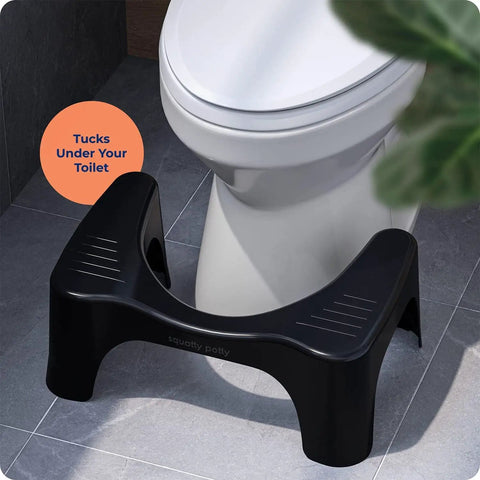 Toilet Stool That Elevates Your Poop Game, Curve Lightweight And Sleek Black 7 Inch Design shown under a white toilet