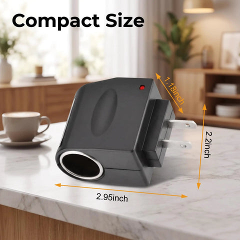 Car AC To DC Power Converter Cigarette Lighter To Wall Outlet Adapter 12 Volt with compact design and heavy-duty black shell.