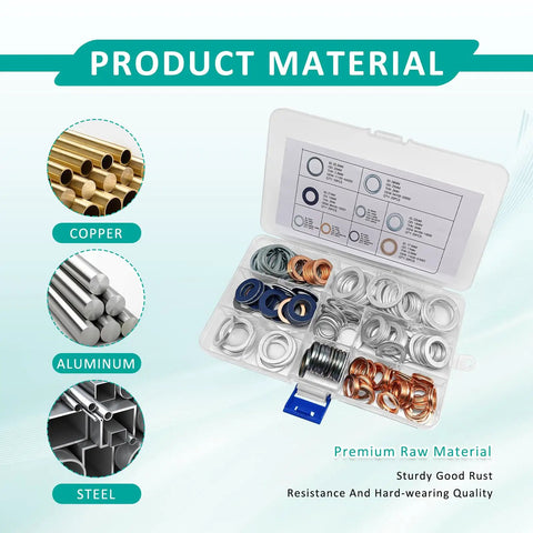 140 Piece Oil Drain Plug Gasket And Crush Washer Kit With 9 Sizes M11 M12 M14 M16 M18 M20 in copper and aluminum