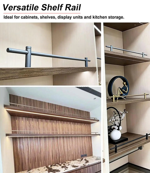 Straight Up Rock Solid Three Piece Metal Gallery Rails With Fresh Bronze Spindles And Heavy Duty Brackets For 22 Inch Replacement Shelf Guard Rods Tight Display Rack installed in modern cabinetry.