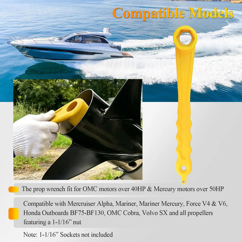 Universal Lightweight Prop Wrench For Marine Outboard And Stern Drives, Pro Grade Tool, Bright Yellow on boat waterscape