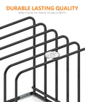 Close-up of a sturdy steel kitchen cabinet organizer rack with five slots for skillets, pans, baking trays, and chopping boards.
