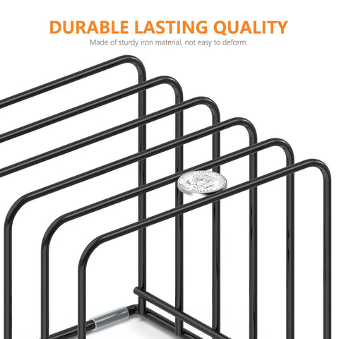 Close-up of a sturdy steel kitchen cabinet organizer rack with five slots for skillets, pans, baking trays, and chopping boards.