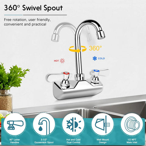 Leak Free Commercial Hand Sink Faucet With 4 Inch Center Wall Mount, Three And A Half Inch Gooseneck Spout, Chrome finish