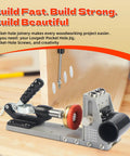 Pocket Hole Jig Kit With Vacuum Dust Collection, All Metal Pro Grade Build in woodworking setup with screws and board.