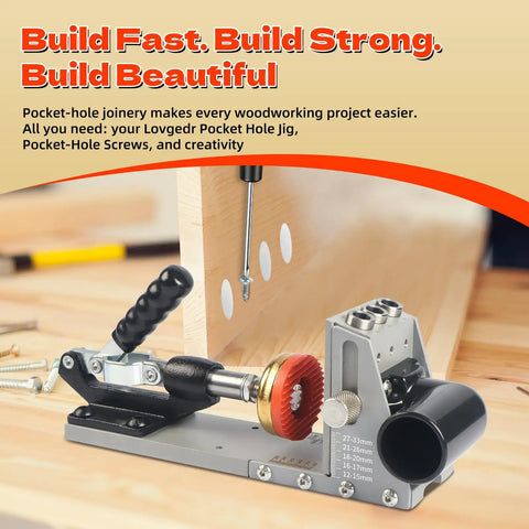 Pocket Hole Jig Kit With Vacuum Dust Collection, All Metal Pro Grade Build in woodworking setup with screws and board.