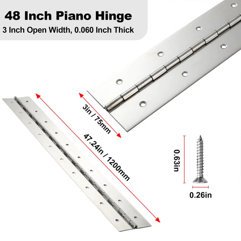 48 Inch 304 Stainless Steel Piano Hinge 0.060 Thick Beefy Heavy Duty Hinge For Cabinets Doors Toolboxes Wooden Boxes Metal Panels And Industrial Furniture Projects, 48-inch 304 stainless steel piano hinge with screws