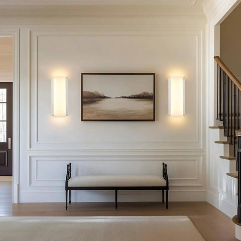 Aipsun Hardwired Wall Sconces Set of Two 28W 3-Level Dimming LED installed on wall with painting and bench.