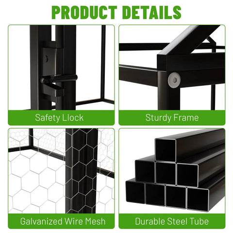 Close-up of steel frame, safety lock, galvanized wire mesh, and durable steel tubes of Roomy Metal Chicken Coop With Weatherproof Cover.
