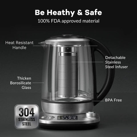 Electric Tea Kettle With Removable Infuser, 9 Preset Brewing Programs, Precise Temperature Control, 1.7 Liter Borosilicate Glass