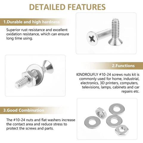 Badass 142 Piece Stainless Steel Screw Assortment Kit With Phillips Countersunk Head Machine Screws and Matching Hex Nuts shown with washers.