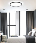 Bedroom with Six Pack 12 Inch Ultra Thin Flush Mount LED Ceiling Lights 3200 Lumens 28W Round Flat Surface Fixture 6000K Day White 120V Black Finish Sleek Look Ultra Slim Close To Ceiling For Modern Kitchens