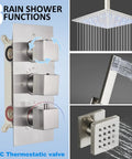 Brushed Nickel Shower System With 12 Inch LED Rain Head And Six Body Sprays Hand Shower Wall Mounted Thermostatic Brass Valve