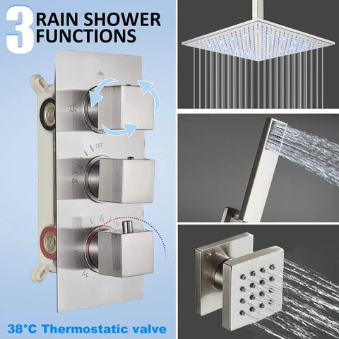 Brushed Nickel Shower System With 12 Inch LED Rain Head And Six Body Sprays Hand Shower Wall Mounted Thermostatic Brass Valve