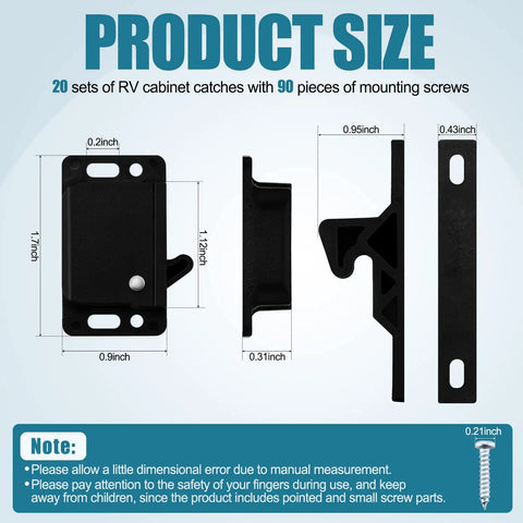 Bulk 20 Pack RV Drawer Latches And Catches With Mounting Screws, 10 Lbs Pull Force RV Cabinet Door Latches, size diagram