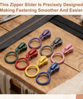 20 Pack Size 5 Zipper Sliders Metal Replacement With Pull Loop No Sewing Needed For Quick Fixes On Bags Wallets Jackets And Other Closed End Zippers In Green DIY Friendly displayed in various colors on a wooden table.