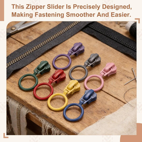 20 Pack Size 5 Zipper Sliders Metal Replacement With Pull Loop No Sewing Needed For Quick Fixes On Bags Wallets Jackets And Other Closed End Zippers In Green DIY Friendly displayed in various colors on a wooden table.